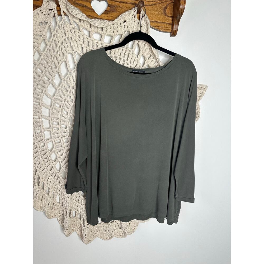 Eileen Fisher Moss Green Silk Dolman Sleeve Long Sleeve Sheer Top Medium